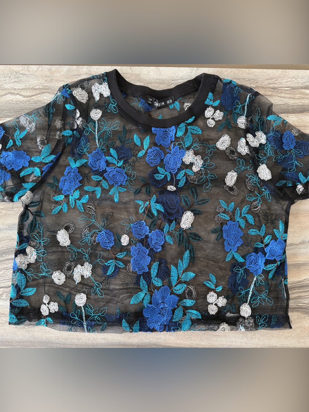 SHEIN Black Sheer Floral Embroidered Crop Top with Blue & Teal Accents